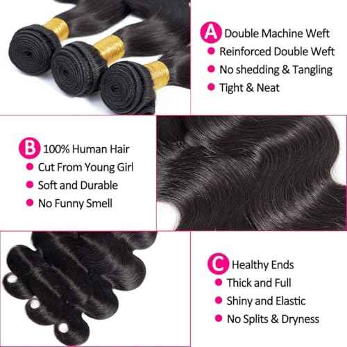 Human Hair Bundles Body Wave 16 18 20 Inch 100% Unprocessed Brazilian Body Wave 3 Bundles Human Hair Extensions for Women Quick Weave Natural Color