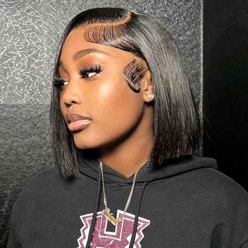 Bob Wig Human Hair 13x4 HD Lace Frontal Short Straight Lace Front Bob Wigs for Black Women Human Hair Pre Plucked Glueless Side Part 180% Density Black Color 12 Inch
