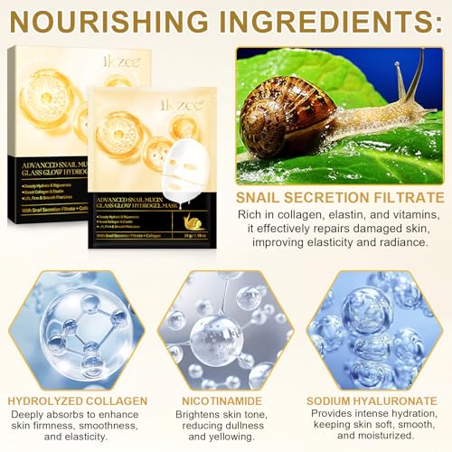 Snail Mucin Sheet Mask with Snail Mucin Serum, Hydrogel Collagen Face Mask, Overnight Hydrating Moisturizer Facial Masks Skincare Korean (4ea)