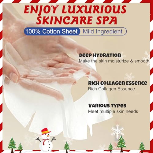 48 Pack Christmas Facial Masks for Stocking Stuffers, Bulk Moisturizing Facial Masks Set for Women Skin Care, Sheet Face Masks Skincare, Cute Christmas Gifts for Women