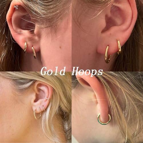 4 Pairs Gold Hoop Earrings Set for Women, 14k Gold Plated Cartilage Hoop Earring Hypoallergenic Non Tarnish Small Hoop Earrings for 2nd 3rd Hole Gold Huggie Hoop Earrings for Women Men Gifts (Gold)