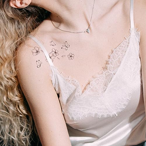 INKARTLINK Temporary Tattoo Set of 8 | Fake Tattoos: Lasts 1-2 Weeks | Butterfly Flower Symbolism, Minimalist Elegance for Elegant Women