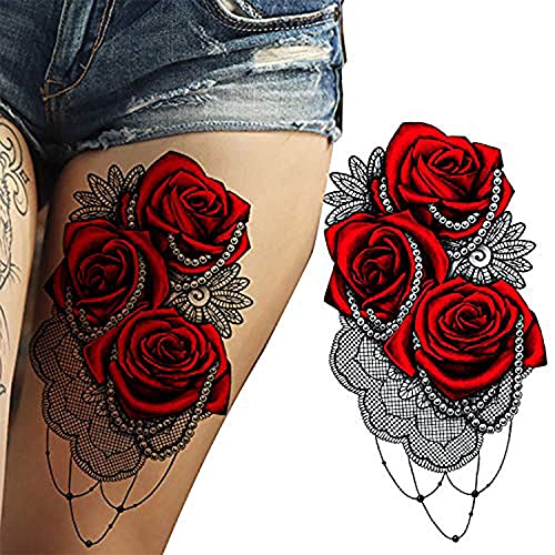 Red Rose Black Lace Temporary Tattoo - 4 Pack Waterproof