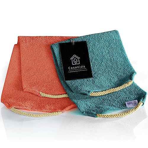 CASAVIDA Back Scrubber for Shower Nylon Bath Towel Washer Exfoliating Washcloth Rear Japanese Stretchable Strap Wash Cloth Body Exfoliation 2 Pack (Rose Pink + Lake Blue)