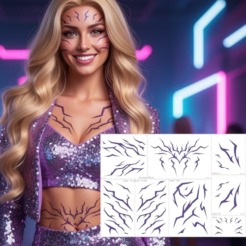 Purple Demon Mark Temporary Tattoos, 8 Sheets Waterproof Body Art Stickers for Kids & Adults, Anime Cosplay Makeup, Birthday Decorations Party Favors & Music Festival Rave Dance Accessories