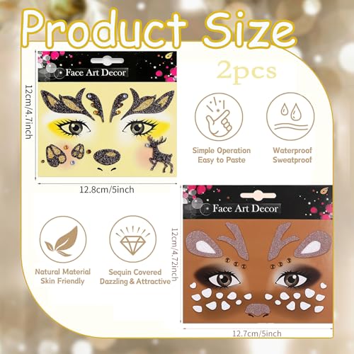 Elk Face Stickers Christmas Reindeer Temporary Tattoo Gems 2PC