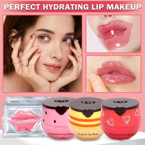 3PCS Bee Lip Balm Honey Pot, Honey Strawberry Watermelon Lip Mask Sleeping Honey Lip Mask Overnight Hydrating Propolis Honey Pot Lip Balm for Cracked & Dry Lips Care with Pink Lip Mask