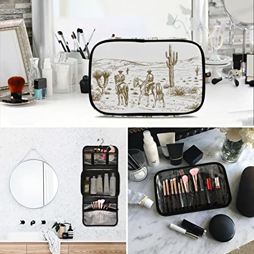 Western Desert Cowboys Travel Toiletry Bag Cosmetic Make up Brush Cases Hanging Water-resistant Accessories Organizer for Women 3PCS