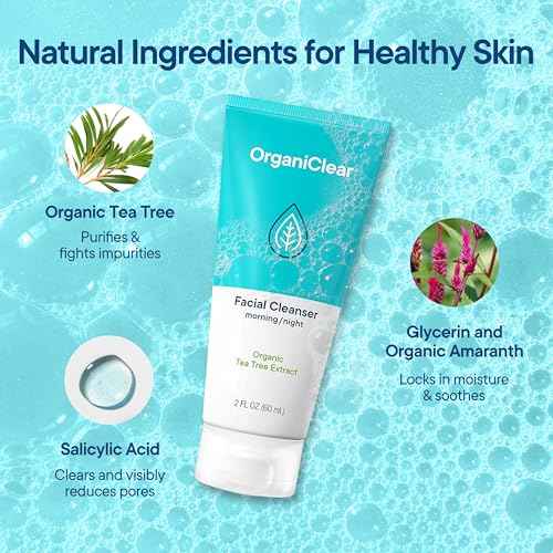 Facial Cleanser w/Organic Tea Tree & Salicylic Acid ? Gentle Daily Foaming Gel Face Wash for Deep Cleansing & Makeup Removal ? Unclogs Pores, Eliminates Dirt & Oil - No Dryness, (2 oz)