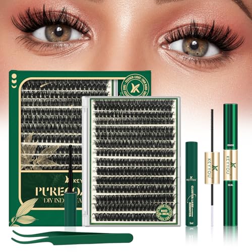 KEYYOU DIY Lash Extension Kit 300pcs 80D D Curl Soft Lash Clusters Easy to Apply with Lash Bond and Seal Applicator and Remover Eyelash Extension Kit at Home(RMkit-80D-D-9-18mix)