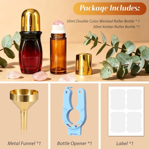 Rose Quartz Roller Bottles 2 Pack - 50ml & 30ml Essential Oil Bottles