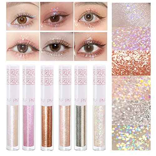 6Pcs Liquid Glitter Eyeshadow Eyeliner, Korean Makeup, Bling Under Eye Shadow, Shimmer Eye Make Up Valentine's Gift Set,Long Lasting,Quick Drying & Pigmented Loose Glitter Glue for Crystals Makeup