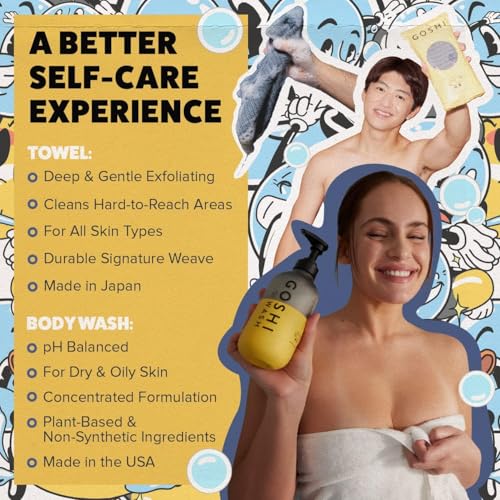 GOSHI Exfoliating Shower Towel and 20 oz Super Vitamin Body Wash for Women and Men - Exfoliating Bath Set for All Skin Types