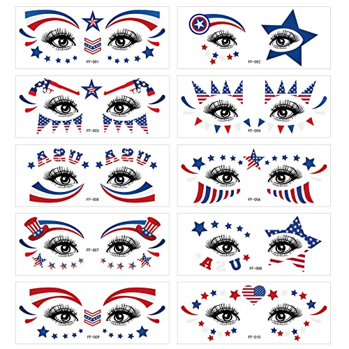 10 Sheet 4th of July Decorations Temporary Tattoos Eye Stickers Independence Day Themed Face Stickers America Flag Red White and Blue Fake Tattoos USA Party Supplies