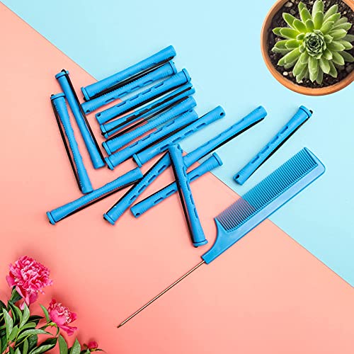 60PCS Hair Perm Rods Set - Blue Plastic Curlers with Steel Comb for Styling