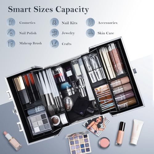 FRENESSA Portable Makeup Train Case - Lockable 4-Tray Aluminum Cosmetic Box