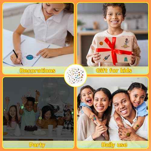 Temporary Fake Space Planets Glow In The Dark Tattoos For Kids, 80+ Pcs Space Astronaut Rocket Ship Alien Party Toys Favors Birthday Decorations For Boys Girls Teens(4 Sheets)