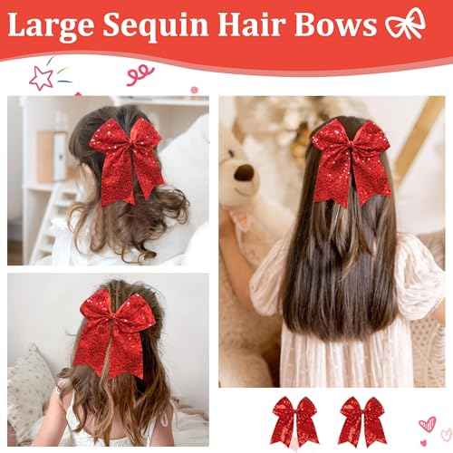 Red Glitter Bow Clips, 7.5 Inch Large Hair Bows Ponytail Holder Hair Accessories for Girls Women Teens for Cheerleading, Dance, Party (Red)