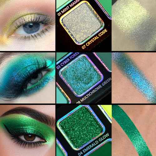 Afflano Multichrome Green Eyeshadow Palette, Color-Shifting Green Glitter Eyeshadow Pallet, Matte Chrome Eye Shadow Dark Forest green Makeup for Women Smokey Blue Brown Eyes Cosplay Party Daily Use