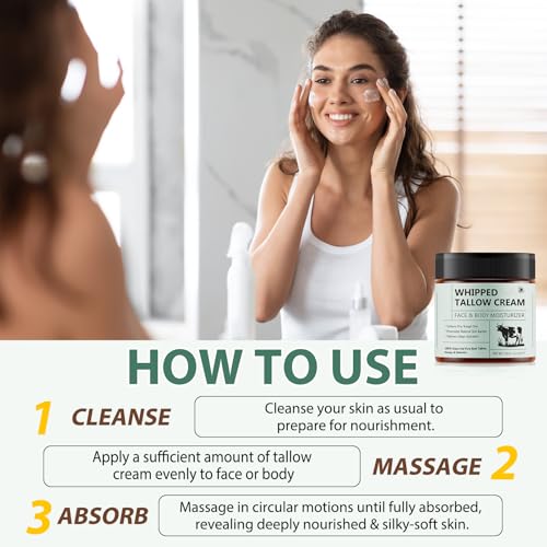 Beef Tallow for Skin - 100% Organic Beef Tallow - Whipped Beef Tallow with Honey - Organic Grass Fed Whipped Beef Tallow Face Cream for Soft, Smooth Skin - Handmade All-Natural Moisturizer