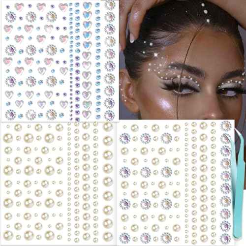 NOOEPC Face Gems Rhinestones Pearl Stickers, Self Adhesive Hair Gems Rave Accessories, Face Glitter For Women, Jewel Stickers for Face, Eye, Hair, Body, Nail