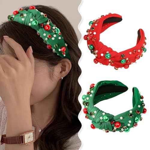 Christmas Headband for Women,Pearl Rhinestone Crystal Jeweled Hairband, Christmas,New Year's Day,Valentine Day,Mother's Day Knot Hair Hoops,Festive Pearl Hair Accessory(Red+Green)