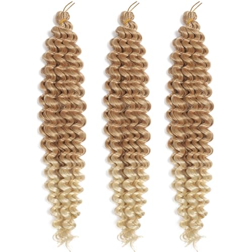 Ocean Wave Crochet Hair 22 Inch Deep Wave Braiding Hair Long Curly Crochet Braids Hair Extensions Ombre Light Brown to Beige(27/613-3Pcs)