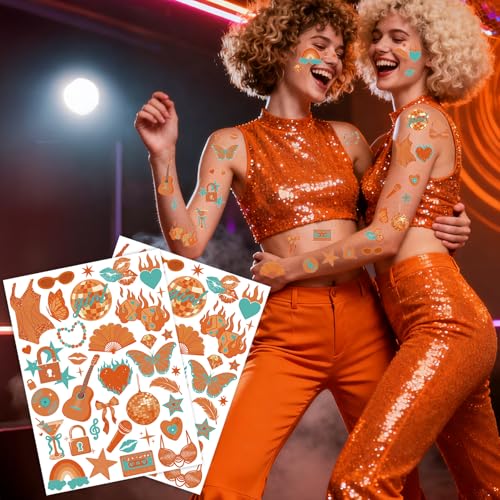 Orange Showgirl Temporary Tattoos - 2 PCS Iridescent Showgirl Body Stickers for Bachelorette, Girls¡¯ Night, Birthday, Showgirl Theme Decorations