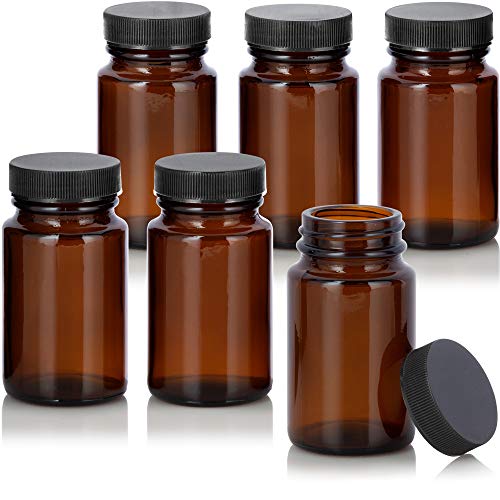 JUVITUS 2.5 oz / 75 ml Amber Glass Packer Bottle with Black Ribbed Lid (6 pack)