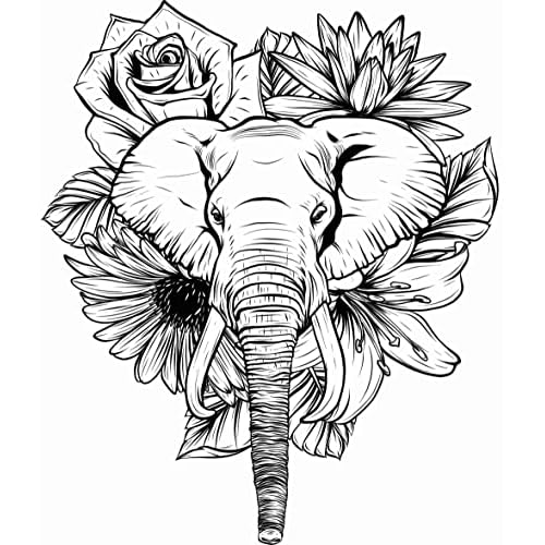 6 Sheets Temporary Fake Tattoos For Men Adults Draw in Black White of Elephant Flower Temporary Fake Tattoo For Women Neck Arm Chest For Woman