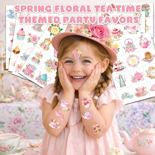 96 PCS Spring Floral Tea Party Temporary Tattoos for Kids