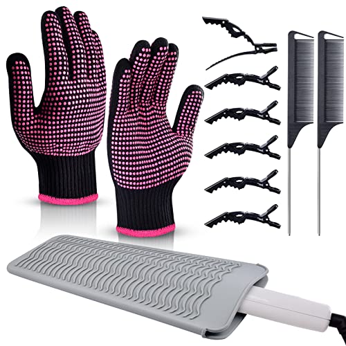 MORGLES Heat Gloves for Hair Styling, 2Pcs Professional Heat Resistant Gloves Silicone Heat Mat 6pcs Hair Clips and 2pcs Styling Comb for Curling Iron Wands Flat Iron