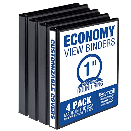 Samsill Economy 1 Inch 3 Ring Binder, Made in The USA, Round Ring Binder, Customizable Clear View Cover, Black, 4 Pack (MPX48530)