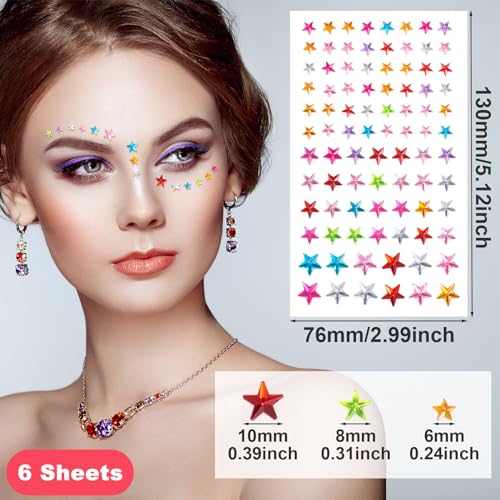 Star Face Gem Stickers - 6 Sheets Colorful Rhinestones (528pcs)