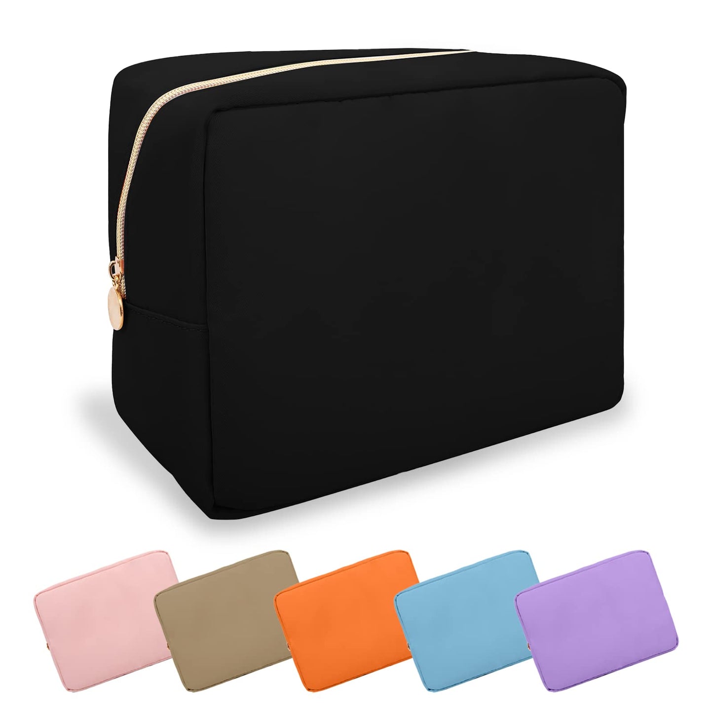 UIXIZQ Waterproof Large Makeup Pouch,Nylon Women Travel Toiletry Storage Preppy Cosmetic Bag for Girls,Big Makeup Organizer Bag Cute Zipper Pouch for Sport Work Gift(Large-Black)