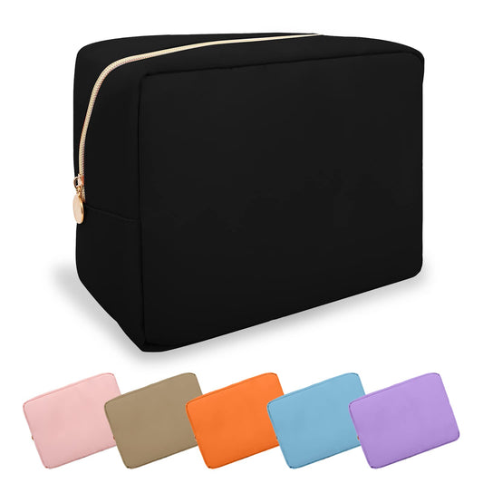 UIXIZQ Waterproof Large Makeup Pouch,Nylon Women Travel Toiletry Storage Preppy Cosmetic Bag for Girls,Big Makeup Organizer Bag Cute Zipper Pouch for Sport Work Gift(Large-Black)