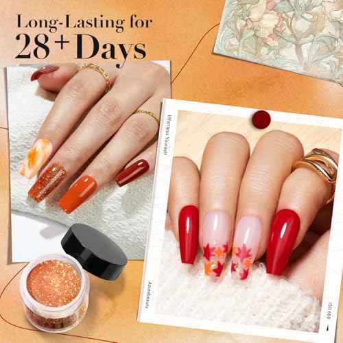 AZUREBEAUTY Fall Dip Powder Nail Set Yellow Orange Gold Red Shimmery Green Glitter 6 Colors Dipping Powder Starter Kit French Nail Art Manicure DIY Salon, No Need Nail Lamp Cured