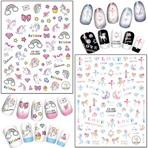 Cute Nail Art Stickers, 3D Cartoon Animal Nail Art Decals Holographic Unicorn Rainbow Heart Flowers Nail Adhesive Sticker Design for Women Girls Manicure Decoration DIY Nail Decal Supplies