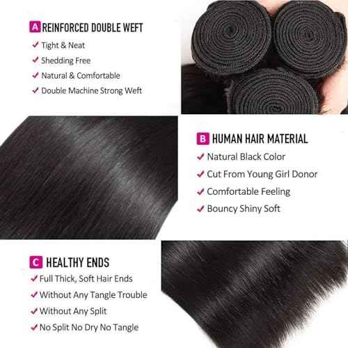 Straight 3 Bundles Human Hair 100% Unprocessed 12A Brazilian Hair 18 20 22 Inch Double Weft Natural Black