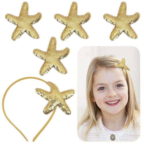 LACGO Set of 5 Beach Starfish Hair Accessories - Mermaid Hair Clips Sequins Glitter Headband Sea Star Barrettes for Toddler Girls Women Wedding Birthday Anniversary Holiday(Gold)