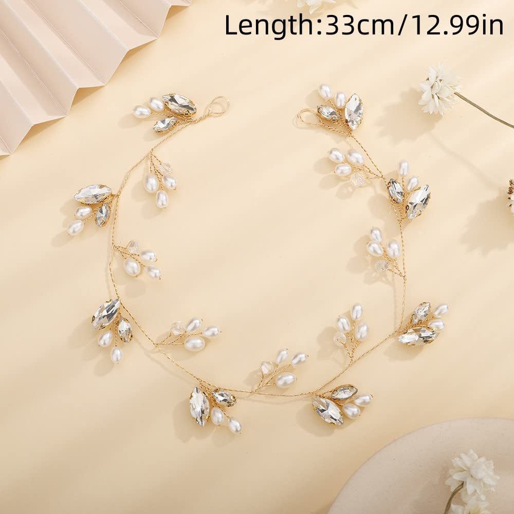 Teyglen Dainty Wedding Bride Rhinestones Pearls Headband Hair Vine Simple Handmade Bridal Green Crystal Headband Wedding Headpieces Hair Accessories for Women Girl (Green)