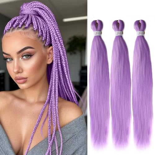 CANELIA Light Purple Pre-Stretched Braiding Hair 26 Inch 3 Pack for Box & Twist Braid Extensions