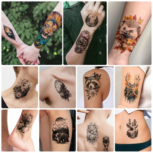 77 Sheets Temporary Tattoos, 17 Sheets Half Arm Wolf Lion Tiger Bear Leopard Eagle Fake Tattoos for Adults Shoulder Neck, 60 Sheets Tiny Animal Temporary Tattoos Realistic for Men Women Boys & Girls