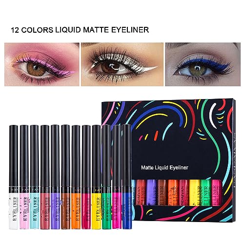 MAEPEOR 12 Color Matte Liquid Eyeliner Set Smooth Pigmented Colorful Eyeliner Line Pen Waterproof Smudgeproof Long Lasting Eyeliner Eyeliner Eye Makeup Gift Kit for Women and Girls (Set 01)