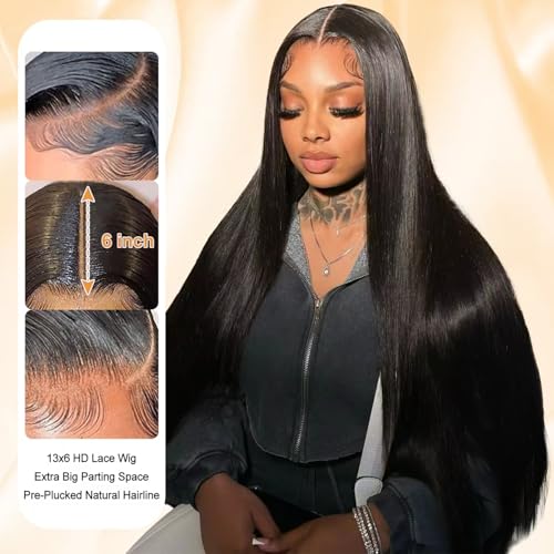 OOVVDA Black 30 Inch Human Hair Lace Front Wig 13x6 HD Straight 200% Density