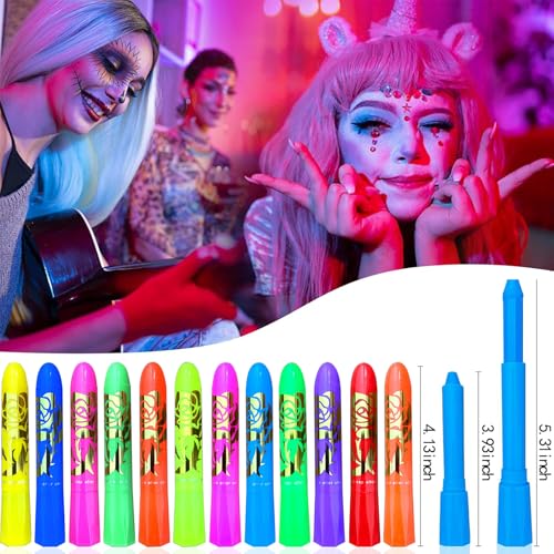 12 Pcs Glow in the Dark Face Body Painting, Glow Blacklight Face & Body Paint Makeup, Mardi Gras Halloween UV Crayon Kit Black Light Birthday Party Camouflage Party Supplies (12 color)