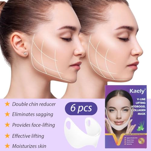 evpct 6Pcs V Line Lifting Mask Strap, Face Lift Mask with Collagen, Hydrating Anti-aging, Rose Red & Universal Size