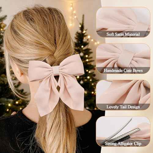 6Pcs Hair Bows for Women, Bow Hair Clips, Silky Satin Hair Bows for Girls, Pink Hair Ribbon, Cute Bow Clips for Women, Hair Accessories Chirstmas Gifts
