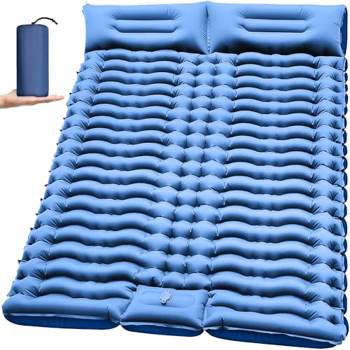 Double Sleeping Pad for Camping - Self Inflating 4" Extra-Thick for 2 Person with Pillow Built-in Foot Pump Inflatable Sleeping Mat for Backpacking, Hiking, Traveling, Tent