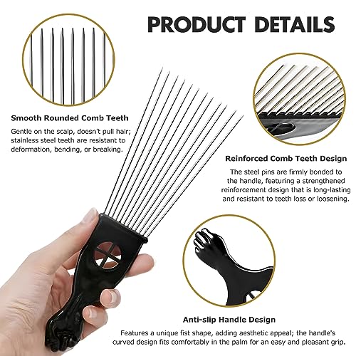 3-Piece Stainless Steel Afro Hair Pick Set with Fist Design for Natural Curly Hair